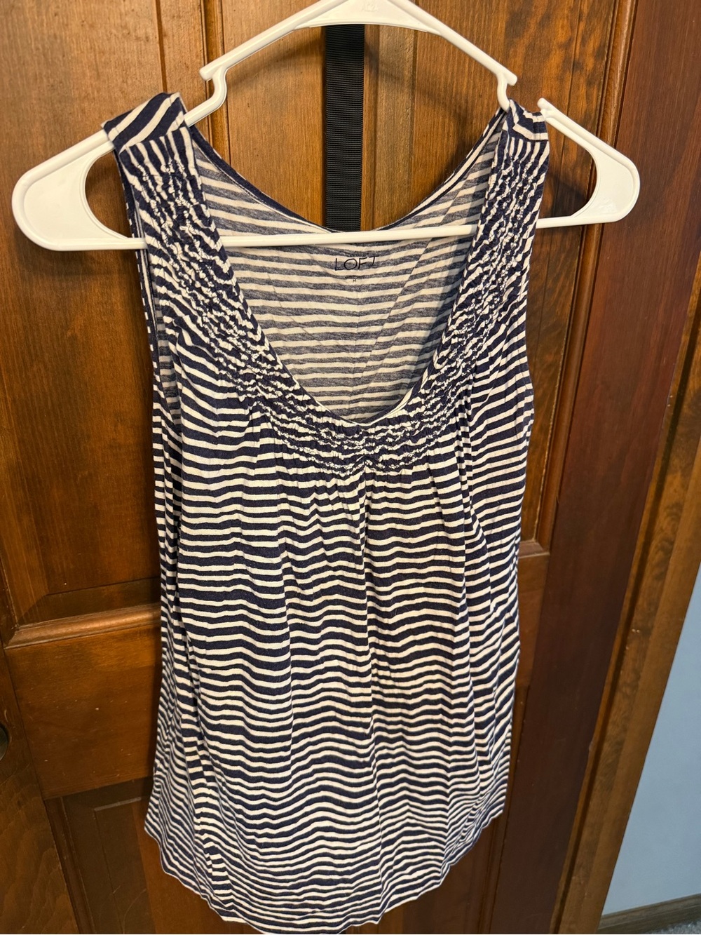 LOFT Navy and White Striped Ruched Scoop Neck Tank